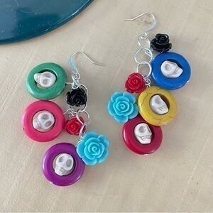 2/$29 Handmade Colorful Magnesite Skull Acrylic Flowers 3” Statement Earrings
